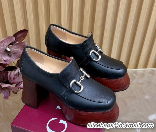 Luxurious Gucci Calf Leather Platform Pumps 9cm with Horsebit GG121804 Black 2026