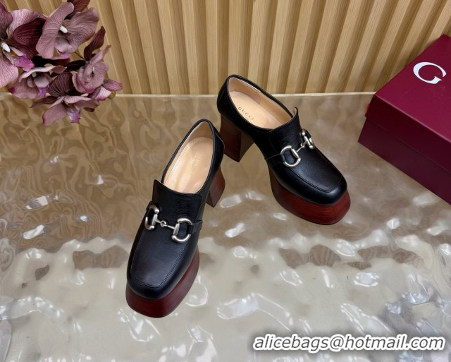 Luxurious Gucci Calf Leather Platform Pumps 9cm with Horsebit GG121804 Black 2026