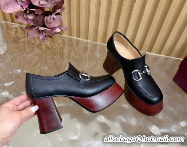 Luxurious Gucci Calf Leather Platform Pumps 9cm with Horsebit GG121804 Black 2026