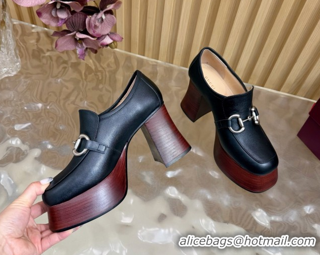 Luxurious Gucci Calf Leather Platform Pumps 9cm with Horsebit GG121804 Black 2026
