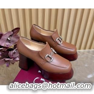 Best Grade Gucci Calf Leather Platform Pumps 9cm with Horsebit GG121804 Brown 2026