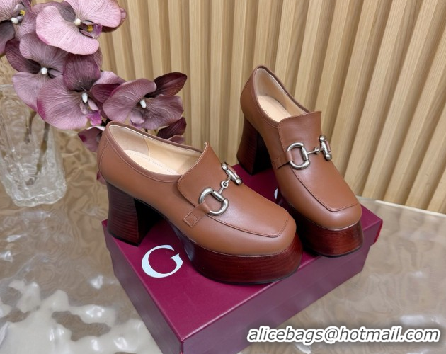 Best Grade Gucci Calf Leather Platform Pumps 9cm with Horsebit GG121804 Brown 2026
