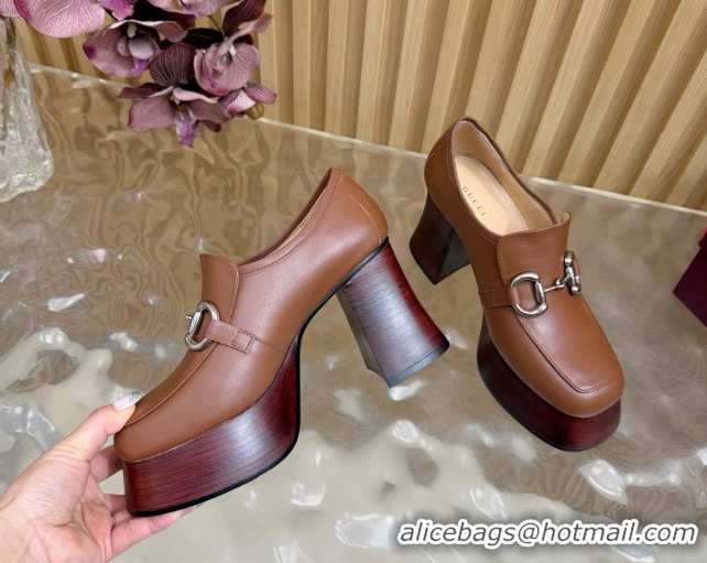 Best Grade Gucci Calf Leather Platform Pumps 9cm with Horsebit GG121804 Brown 2026
