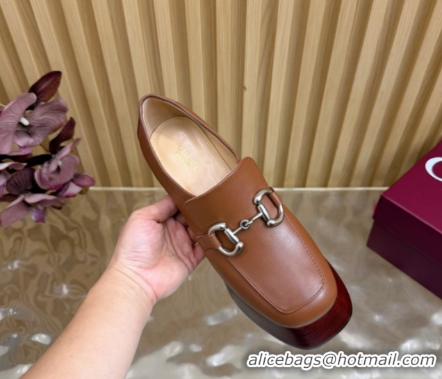 Best Grade Gucci Calf Leather Platform Pumps 9cm with Horsebit GG121804 Brown 2026