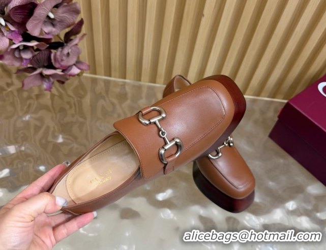 Best Grade Gucci Calf Leather Platform Pumps 9cm with Horsebit GG121804 Brown 2026