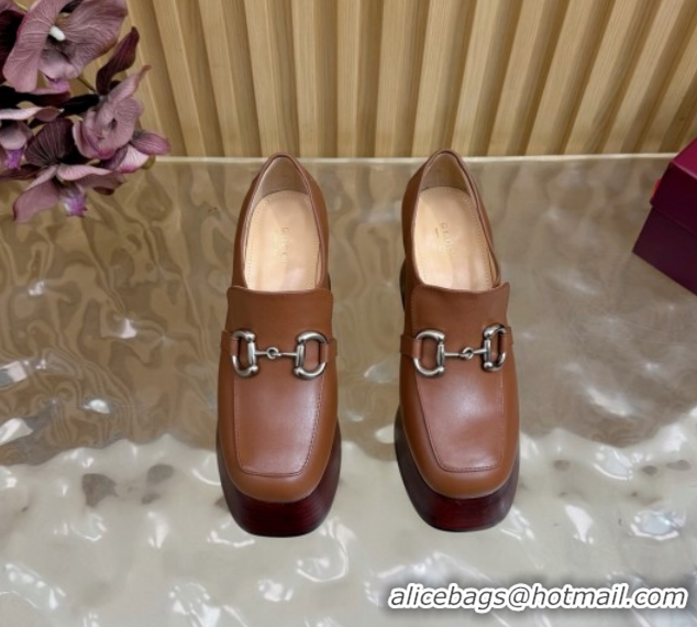 Best Grade Gucci Calf Leather Platform Pumps 9cm with Horsebit GG121804 Brown 2026