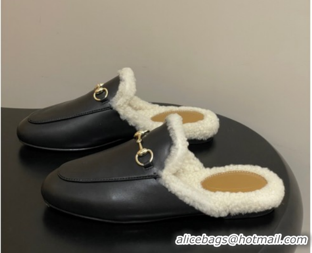 Low Cost Gucci Princetown Calf Leather and Wool Flat Slipper with Horsebit 836055 Black 2026