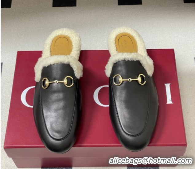 Low Cost Gucci Princetown Calf Leather and Wool Flat Slipper with Horsebit 836055 Black 2026