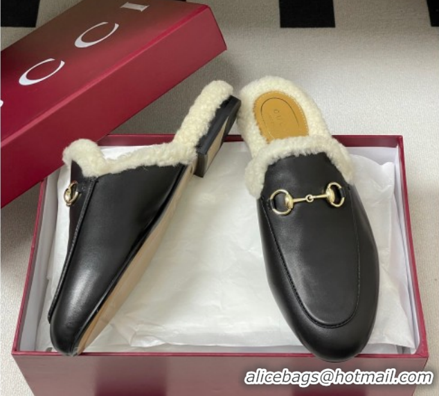 Low Cost Gucci Princetown Calf Leather and Wool Flat Slipper with Horsebit 836055 Black 2026