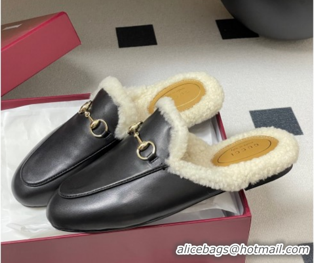 Low Cost Gucci Princetown Calf Leather and Wool Flat Slipper with Horsebit 836055 Black 2026