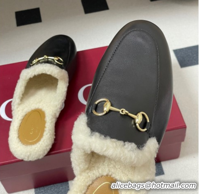 Low Cost Gucci Princetown Calf Leather and Wool Flat Slipper with Horsebit 836055 Black 2026