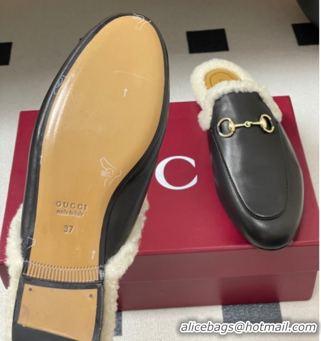 Low Cost Gucci Princetown Calf Leather and Wool Flat Slipper with Horsebit 836055 Black 2026