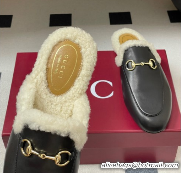 Low Cost Gucci Princetown Calf Leather and Wool Flat Slipper with Horsebit 836055 Black 2026