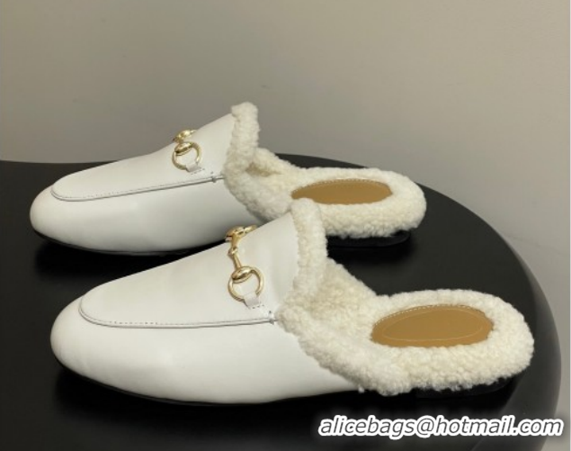 Charming Gucci Princetown Calf Leather and Wool Flat Slipper with Horsebit 836055 White 2026