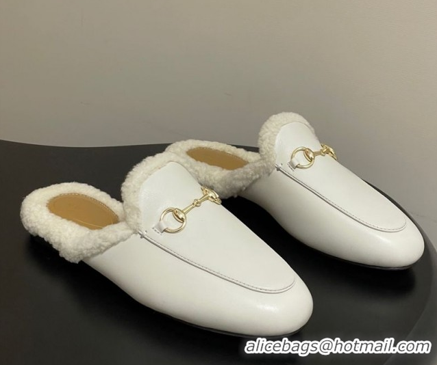Charming Gucci Princetown Calf Leather and Wool Flat Slipper with Horsebit 836055 White 2026