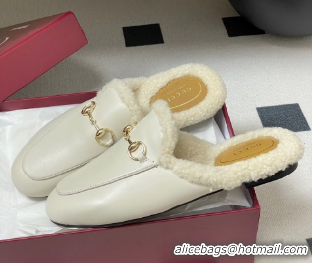 Charming Gucci Princetown Calf Leather and Wool Flat Slipper with Horsebit 836055 White 2026