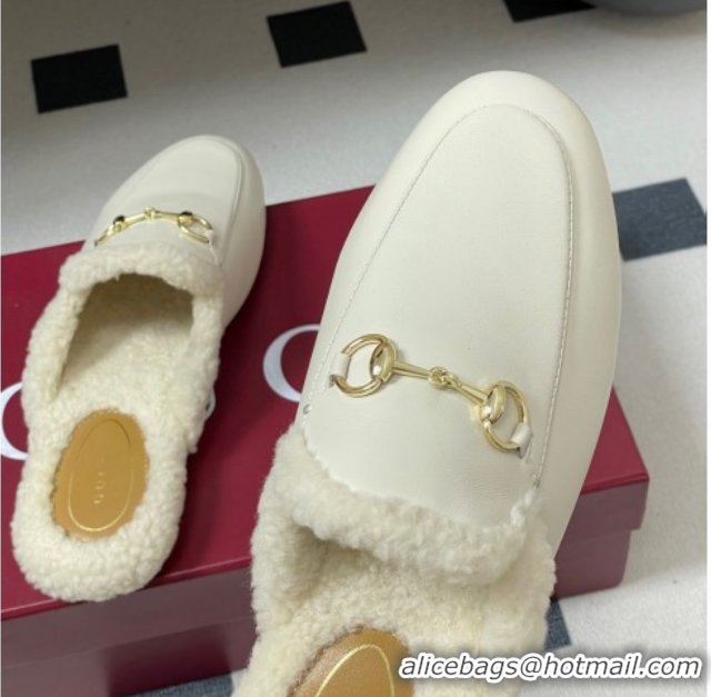 Charming Gucci Princetown Calf Leather and Wool Flat Slipper with Horsebit 836055 White 2026