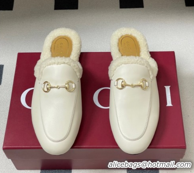 Charming Gucci Princetown Calf Leather and Wool Flat Slipper with Horsebit 836055 White 2026