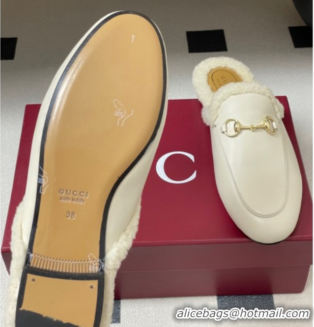 Charming Gucci Princetown Calf Leather and Wool Flat Slipper with Horsebit 836055 White 2026