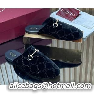 Luxury Cheap Gucci Strass GG Velvet Flat Mules with Horsebit 852373 Black 2026