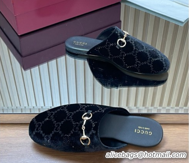 Luxury Cheap Gucci Strass GG Velvet Flat Mules with Horsebit 852373 Black 2026