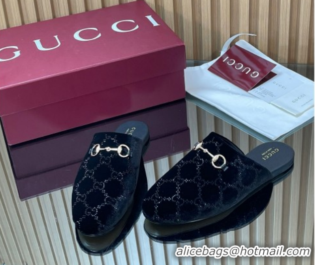 Luxury Cheap Gucci Strass GG Velvet Flat Mules with Horsebit 852373 Black 2026