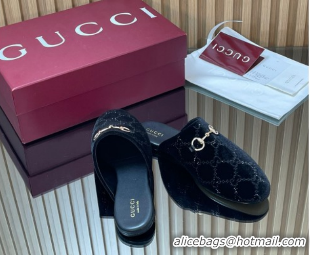 Luxury Cheap Gucci Strass GG Velvet Flat Mules with Horsebit 852373 Black 2026