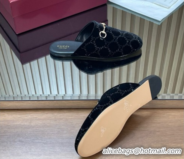 Luxury Cheap Gucci Strass GG Velvet Flat Mules with Horsebit 852373 Black 2026