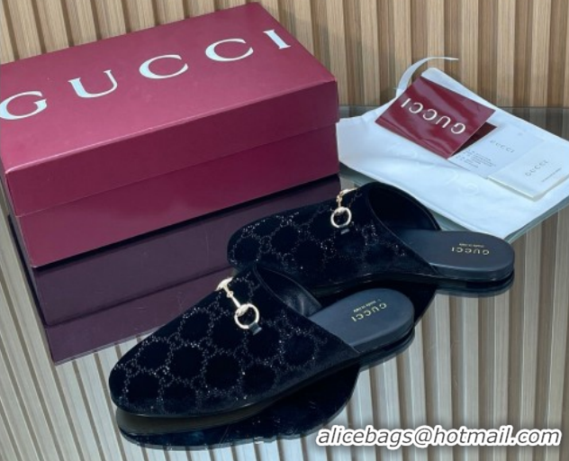 Luxury Cheap Gucci Strass GG Velvet Flat Mules with Horsebit 852373 Black 2026