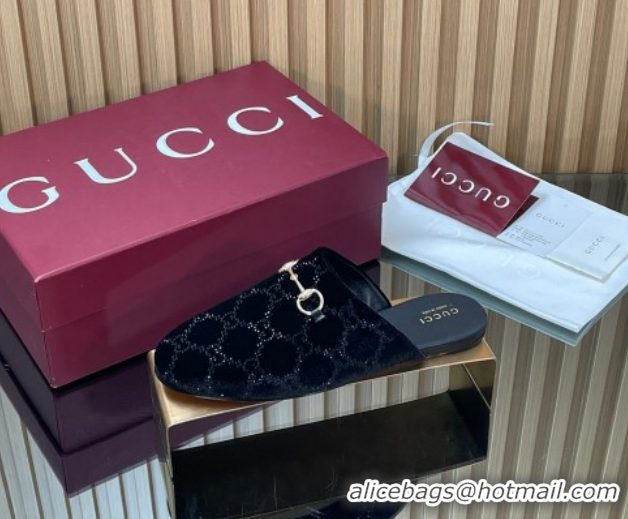 Luxury Cheap Gucci Strass GG Velvet Flat Mules with Horsebit 852373 Black 2026
