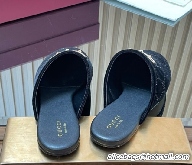 Luxury Cheap Gucci Strass GG Velvet Flat Mules with Horsebit 852373 Black 2026
