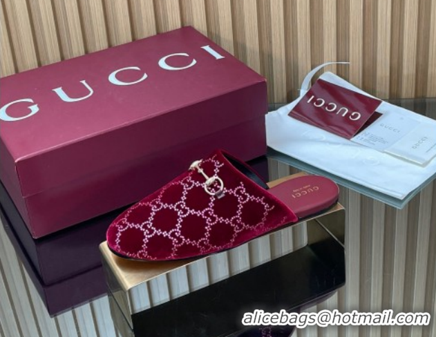Low Price Gucci Strass GG Velvet Flat Mules with Horsebit 852373 Red 2026