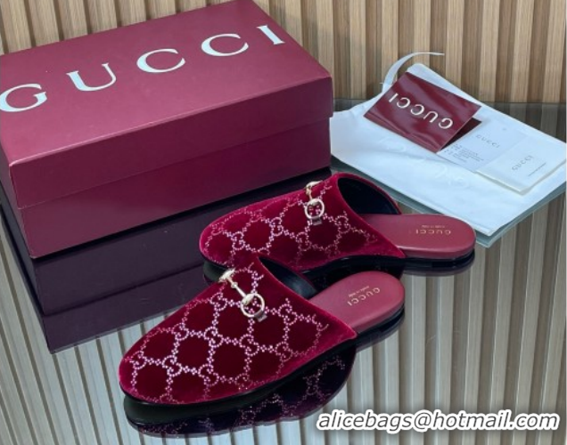 Low Price Gucci Strass GG Velvet Flat Mules with Horsebit 852373 Red 2026