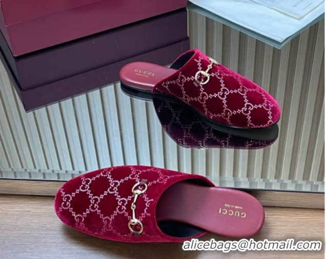 Low Price Gucci Strass GG Velvet Flat Mules with Horsebit 852373 Red 2026