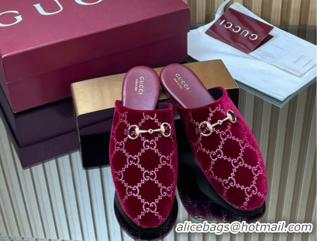 Low Price Gucci Strass GG Velvet Flat Mules with Horsebit 852373 Red 2026