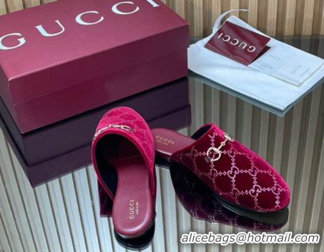 Low Price Gucci Strass GG Velvet Flat Mules with Horsebit 852373 Red 2026
