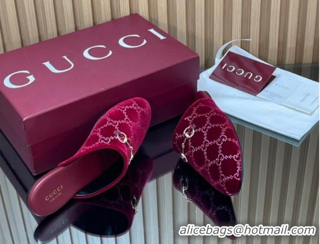 Low Price Gucci Strass GG Velvet Flat Mules with Horsebit 852373 Red 2026