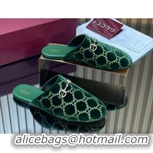Cheap Gucci Strass GG Velvet Flat Mules with Horsebit 852373 Green 2026