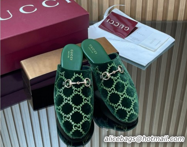 Cheap Gucci Strass GG Velvet Flat Mules with Horsebit 852373 Green 2026