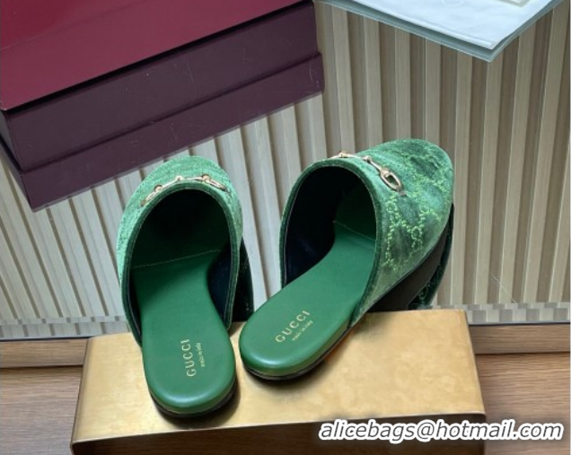 Cheap Gucci Strass GG Velvet Flat Mules with Horsebit 852373 Green 2026