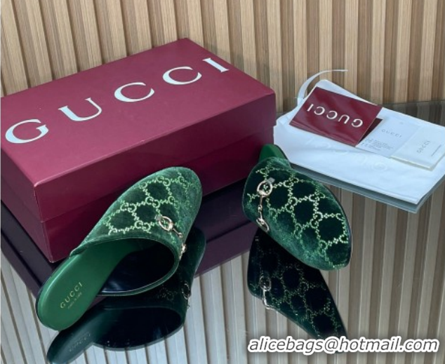 Cheap Gucci Strass GG Velvet Flat Mules with Horsebit 852373 Green 2026
