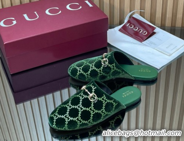 Cheap Gucci Strass GG Velvet Flat Mules with Horsebit 852373 Green 2026