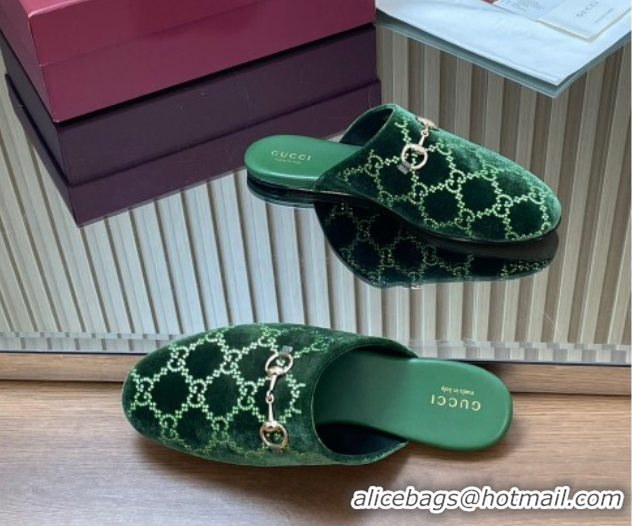 Cheap Gucci Strass GG Velvet Flat Mules with Horsebit 852373 Green 2026