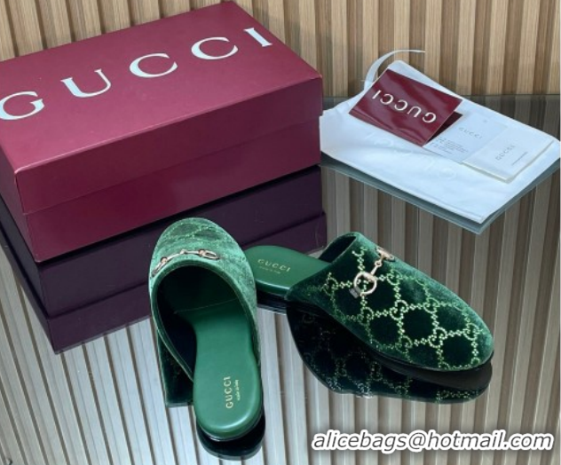Cheap Gucci Strass GG Velvet Flat Mules with Horsebit 852373 Green 2026