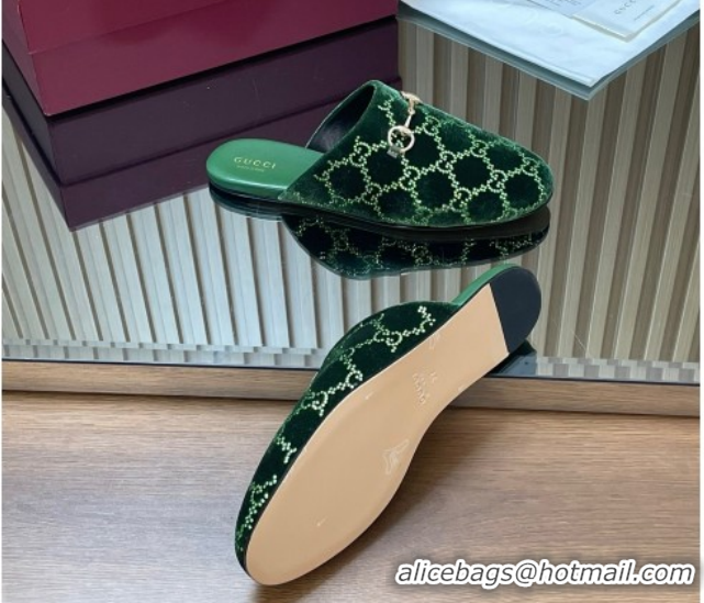 Cheap Gucci Strass GG Velvet Flat Mules with Horsebit 852373 Green 2026