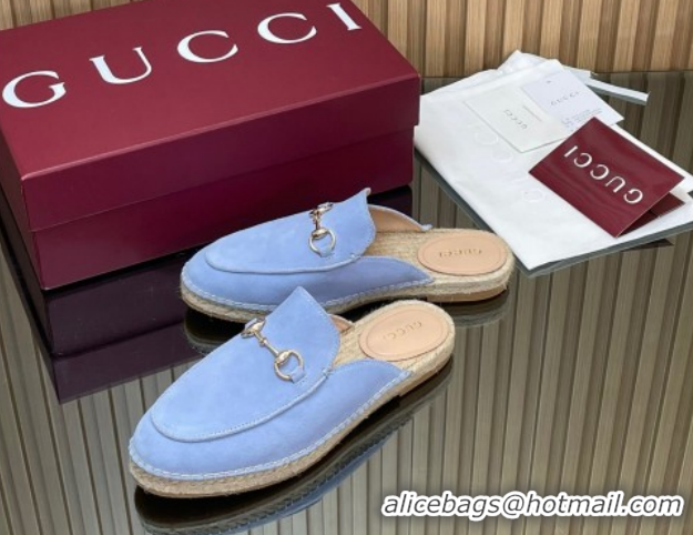 Stylish Gucci Suede Flat Espadrille Mules with Horsebit GG121805 Light Blue 2026