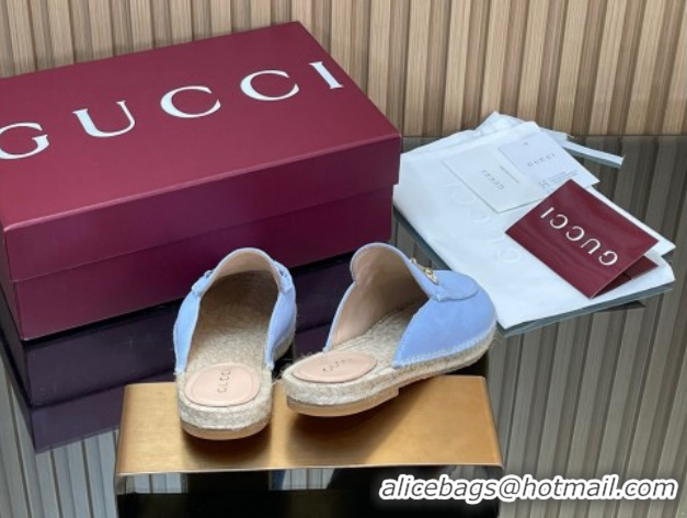 Stylish Gucci Suede Flat Espadrille Mules with Horsebit GG121805 Light Blue 2026