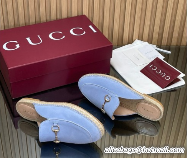 Stylish Gucci Suede Flat Espadrille Mules with Horsebit GG121805 Light Blue 2026