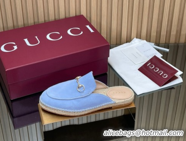 Stylish Gucci Suede Flat Espadrille Mules with Horsebit GG121805 Light Blue 2026