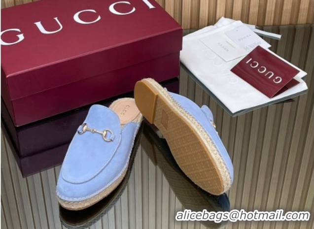 Stylish Gucci Suede Flat Espadrille Mules with Horsebit GG121805 Light Blue 2026